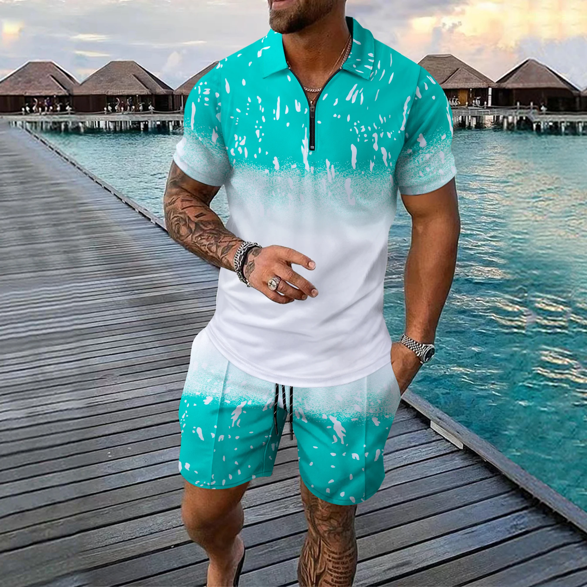 Funny 3D Plaid Print Men's Short Sleeve Sets Fashion Zip Polo Tops +Shorts Outfit Summer Loose T-shirts Suit Casual Men Clothing