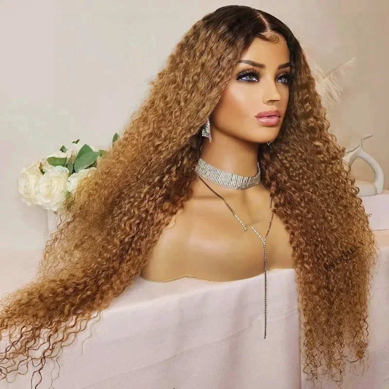 

Soft 26Long Ombre Blonde Brown Kinky Curly 180Density Lace Front Wig For Black Women Babyhair SyntheticHeat Resistant Preplucked