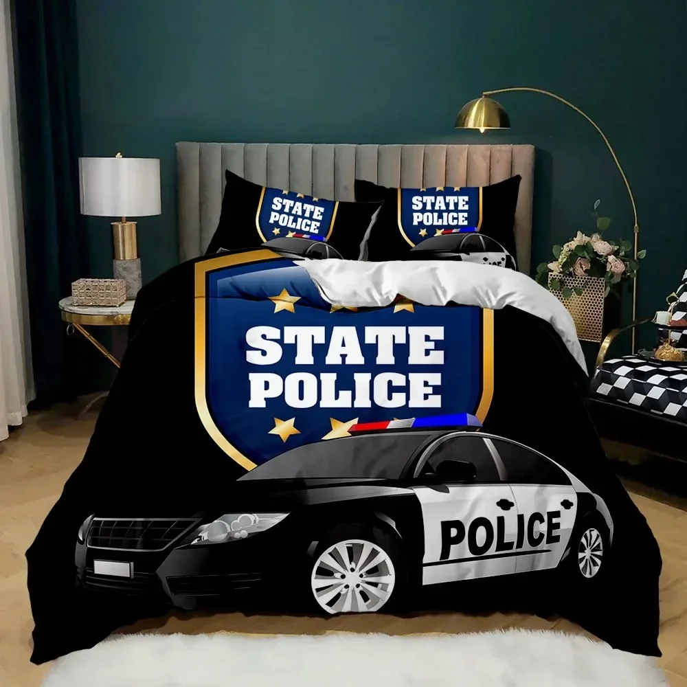 Police Duvet Cover Car Black Policeman Car Twin Bedding Set Cartoon Vehicle Comforter Cover Red Cop Lights Polyester Quilt Cover