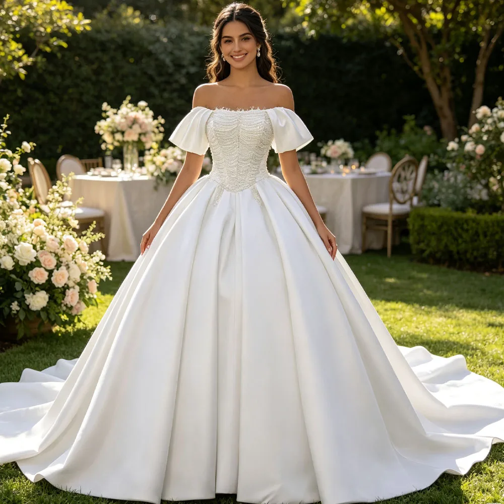 Stunning Bridal Dress Strapless Off Shoulder Lace Up Back Vestido De Noiva Beading Pearls Customized Ball Gown Wedding Dresses