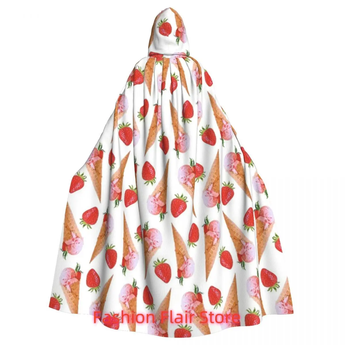 

Watercolor Hand Painted Strawberry Ice Cream Cone Long Hooded Cloak Witch Costume Cosplay Cape HalloweenParty Adult Unisex