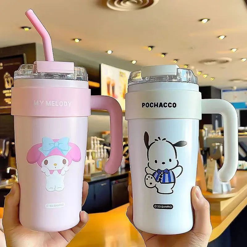 860ml Sanrio Hello Kitty Thermos Bottle Cold Ice Kuromi Cinnamoroll High-capacity Straw Stainless Steel Water Bottle Tumbler Cup