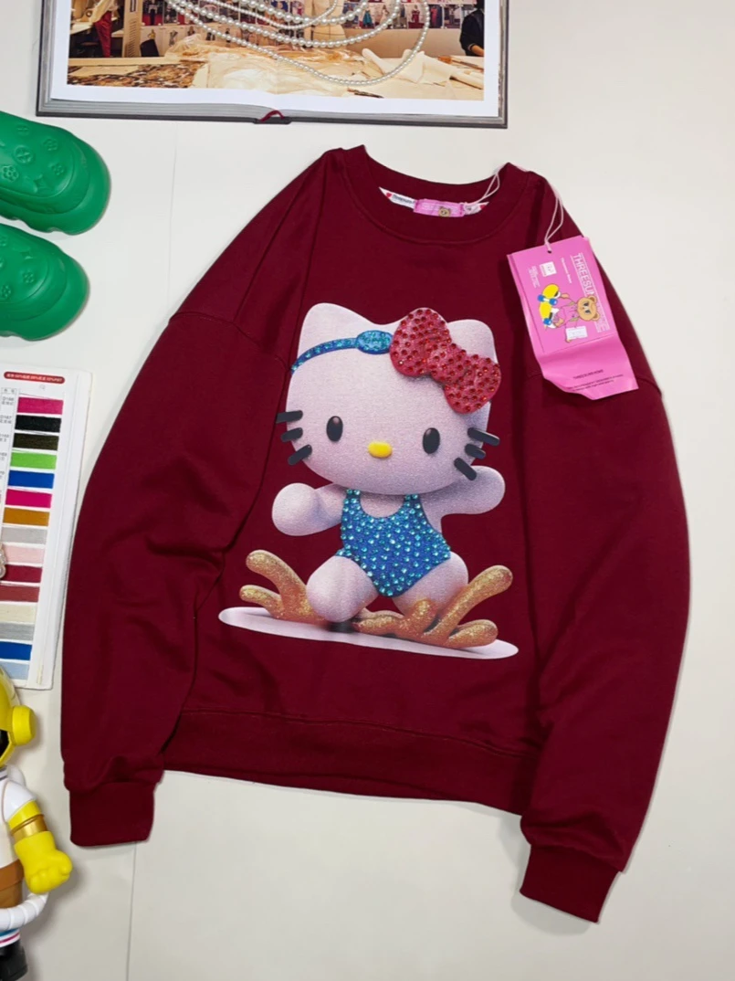 Korean Loose Cartoon Cat Print Drop Sleeve Hoodies Women Spring Autumn Long Sleeve Crew Neck Diamonds Sweatshirt Kawaii Clothes