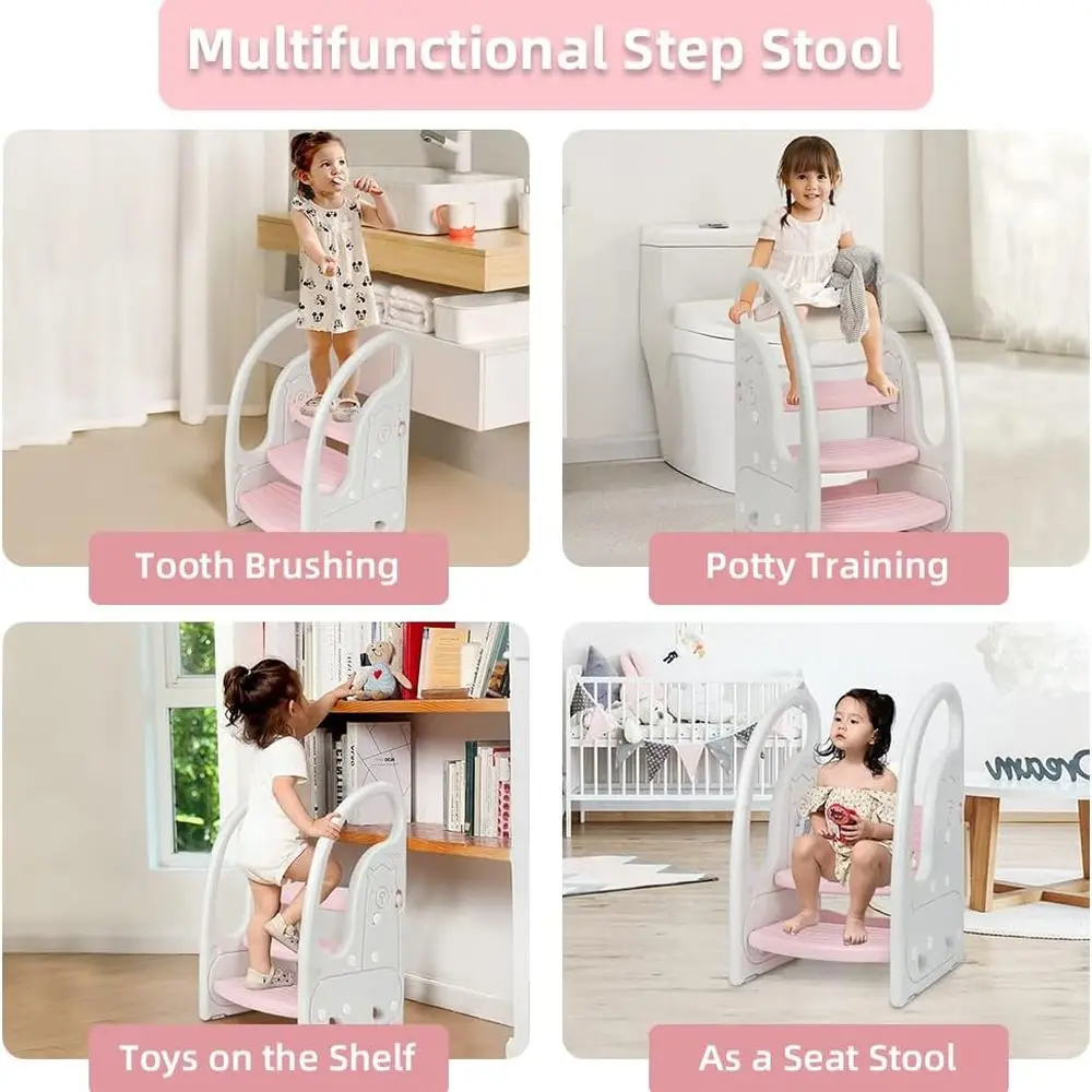 Plastic 3-Step Toddler Stool with Handles, Non-Slip Pads for Kitchen, Bathroom, Toilet Training - Pink & White