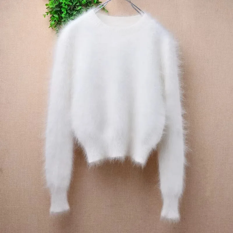 Women Mujer Autumn Winter Fashion Hairy Mink Cashmere Knitted O-Neck Long Sleeves Slim Blouses Underwear Pullover Sweater Jumper