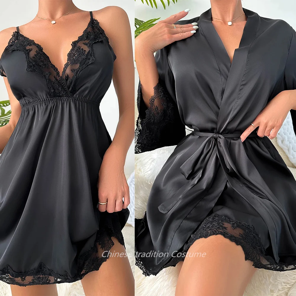 V-Neck Nighty&robe Set Sexy Lace Edge Kimono Bathrobe Nightgown Women Casual Homewear Sexy Lingerie Sling Sleepwear Loungewear