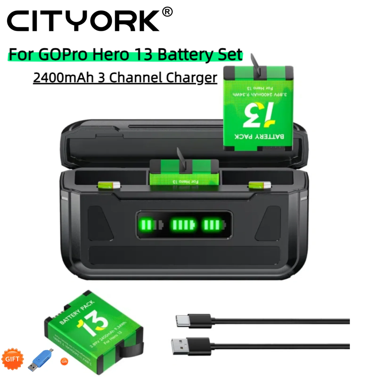 

CITYORK 240OmAh Battery For GoPro Hero 13 Camera Battery + LCD 3-Slots Charger Box With Type-C For GoPro Hero13 Battery Set