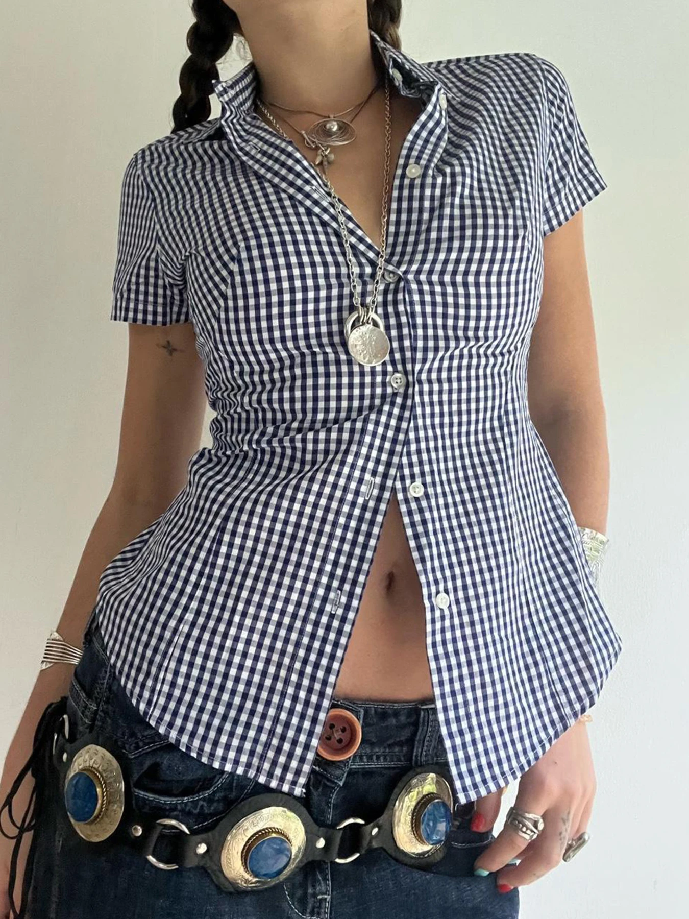 Sweetown American Retro Casual Short Sleeve Plaid Shirts For Women Button Up Turn Down Collar Summer Spring Preppy Tops