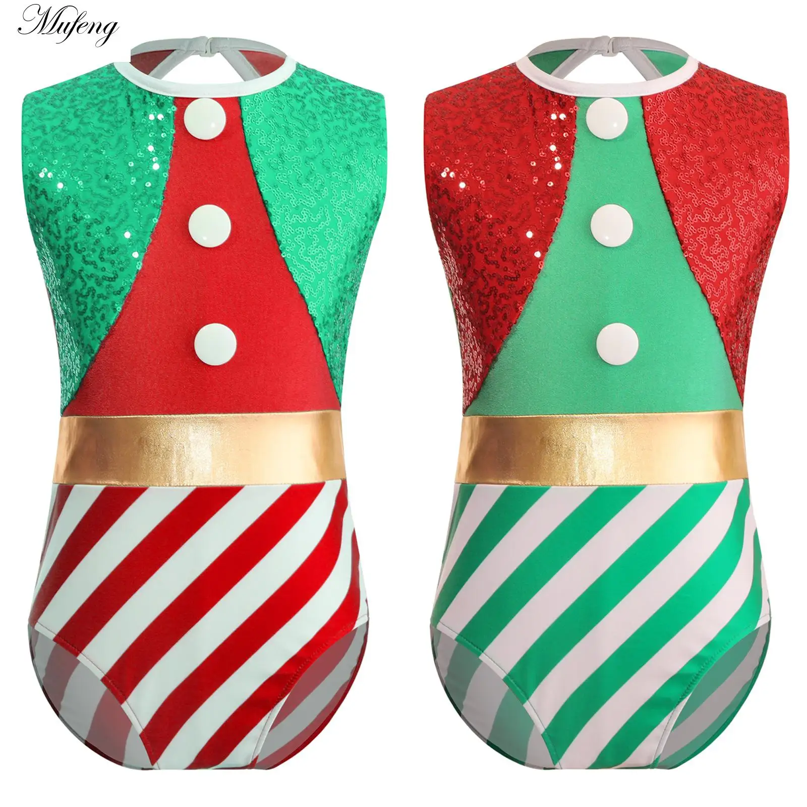 

Girls Christmas Ballet Dance Leotard Sequins Stripes Jumpsuit Sleeveless Hollow Back Gymnastic Bodysuit for Party Show Dancewear