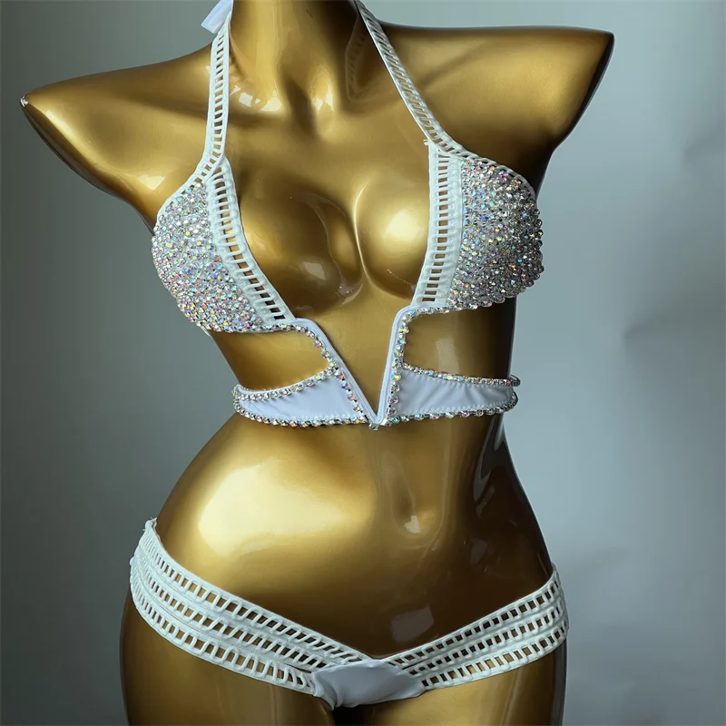 Hollow Mesh Ladder Strap AB Rhinestone Cutout Halter Bikini Set Two Piece Rave Festival Pole Dance Stage Sparkly Bathing Suit