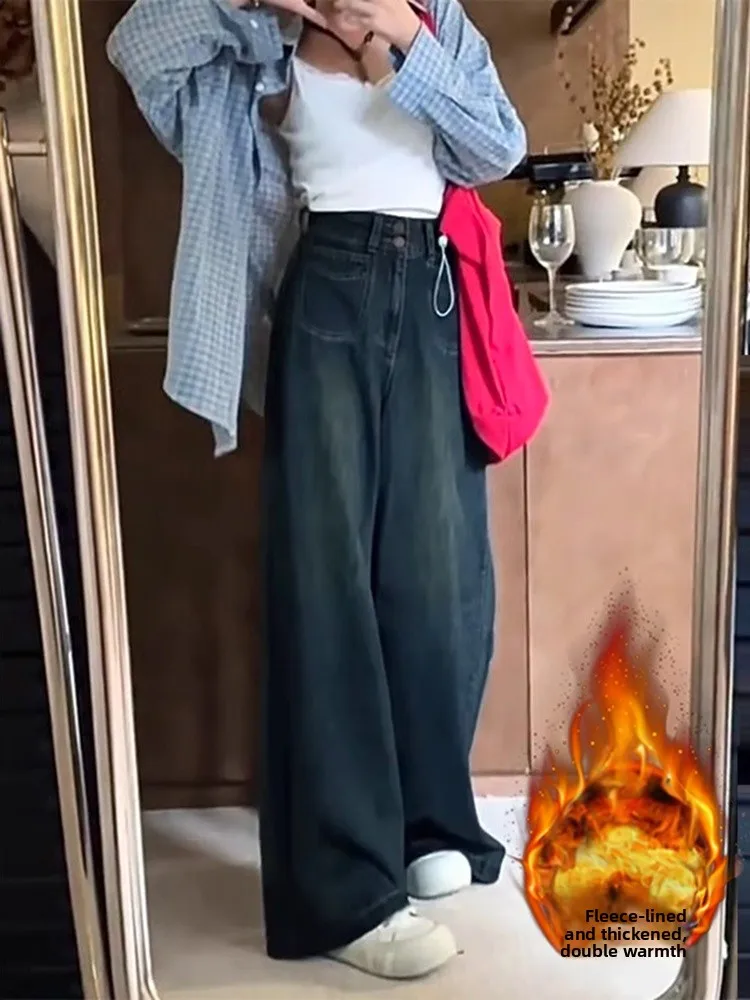 

plus Size Vintage American Fleece Lined Denim Jeans Women's Autumn Winter Loose High Waist Slim Straight Wide Leg Floor Lengt...