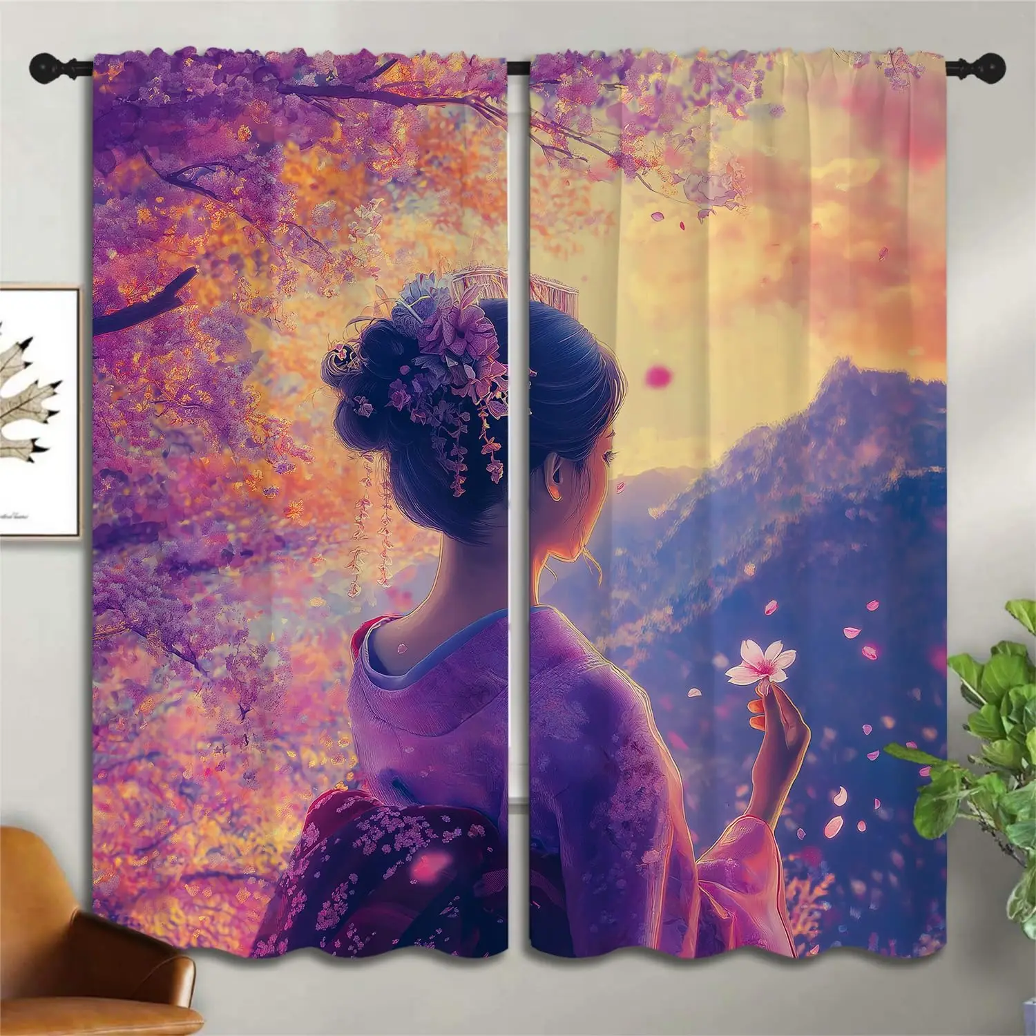Anime Sakura Blackout Curtain Purple Kimono Geisha Falling Cherry Petal Mountain Sunset Rod Pocket Panels Elegant Japanese