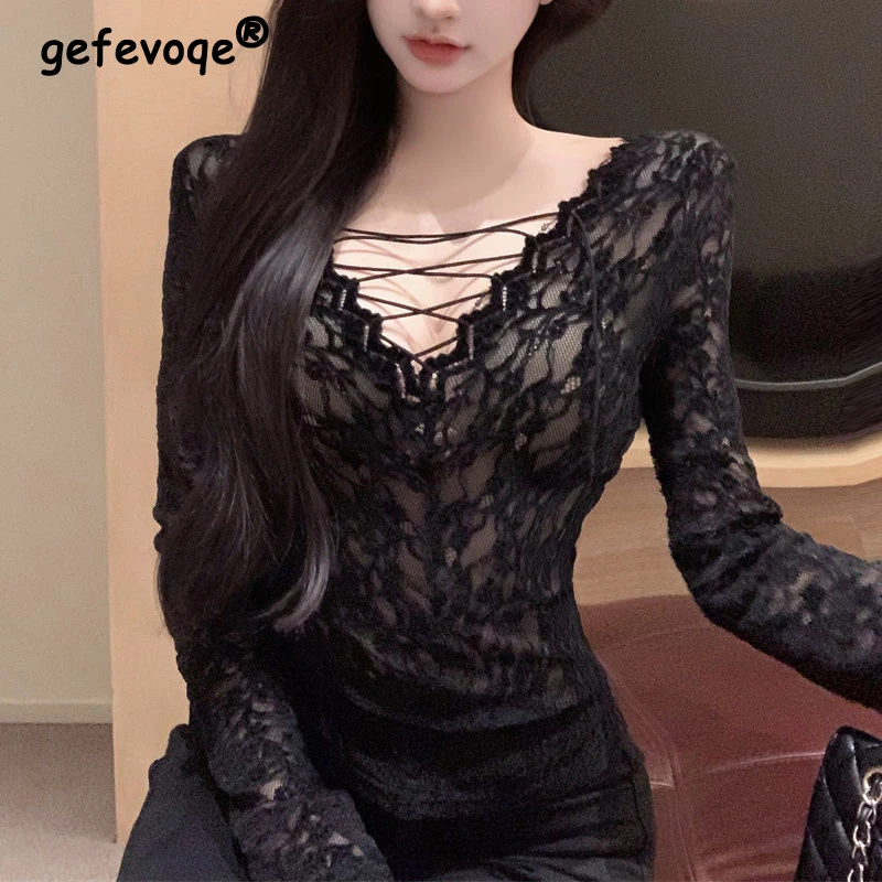 

Women Clothing Sexy Hollow Lace Bandage Deep V Neck Basic T Shirt Korean Female Sweet Black Long Sleeve Skinny Club Cropped Tops