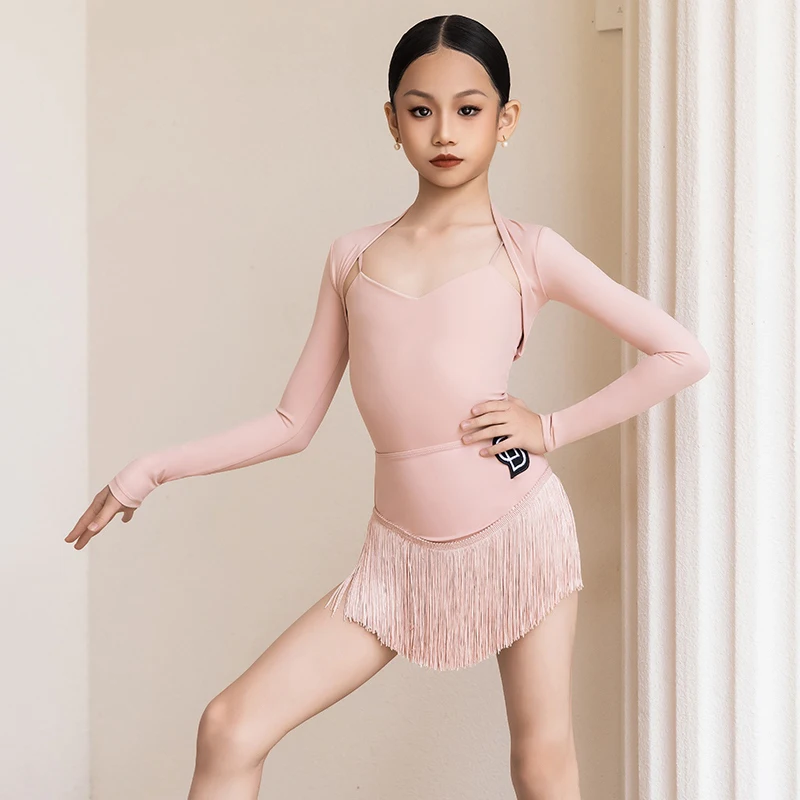 

Новая детская одежда для латинских танцев, тренировочная одежда для девочек, платье для танцев ча-ча, румба, самба, розовое, черное платье, топы, юбка с кисточками