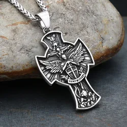 Vintage 316L Stainless Steel Saint Michael Pendant Necklace For Man Fashion Angel Wings Cross Necklaces Amulet Jewelry Wholesale
