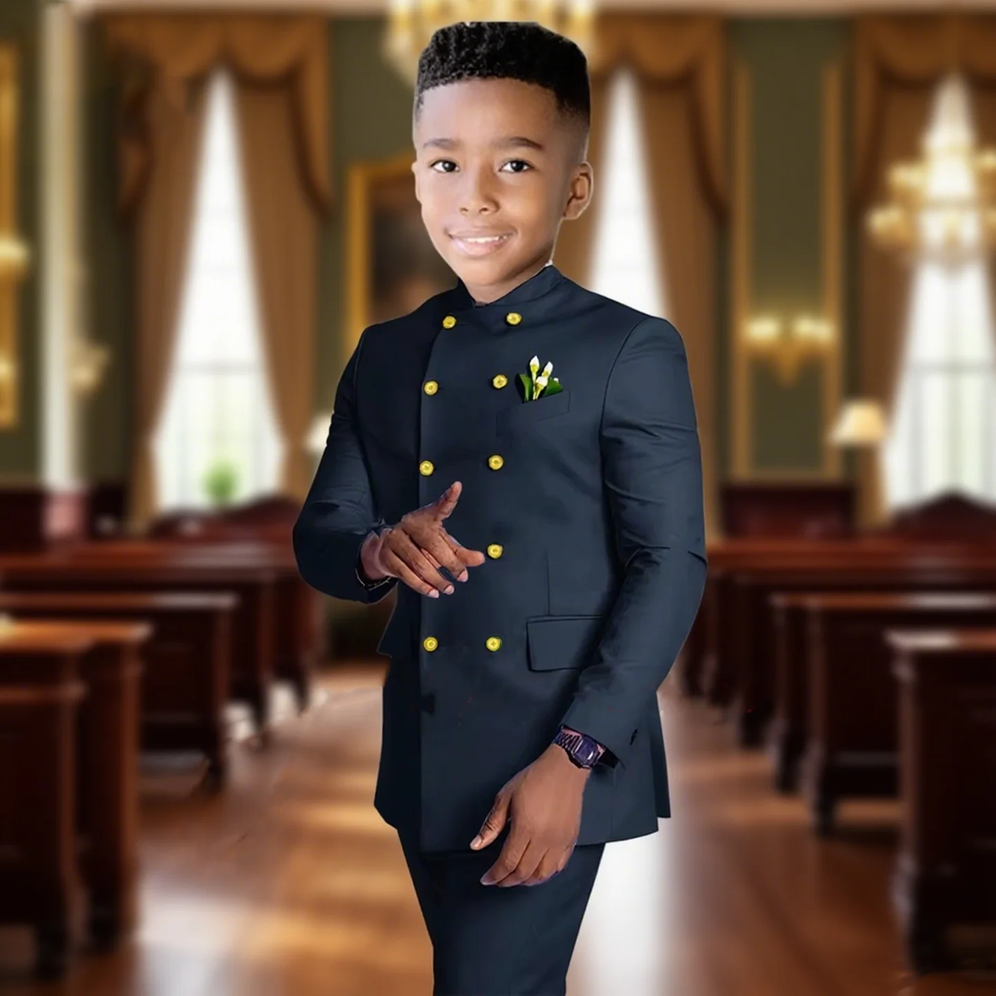 

Boys' Double-Breasted Black Suit with Gold Buttons Boys High-Collar Suit Set 2 Piece suits for kids boys for School Formals