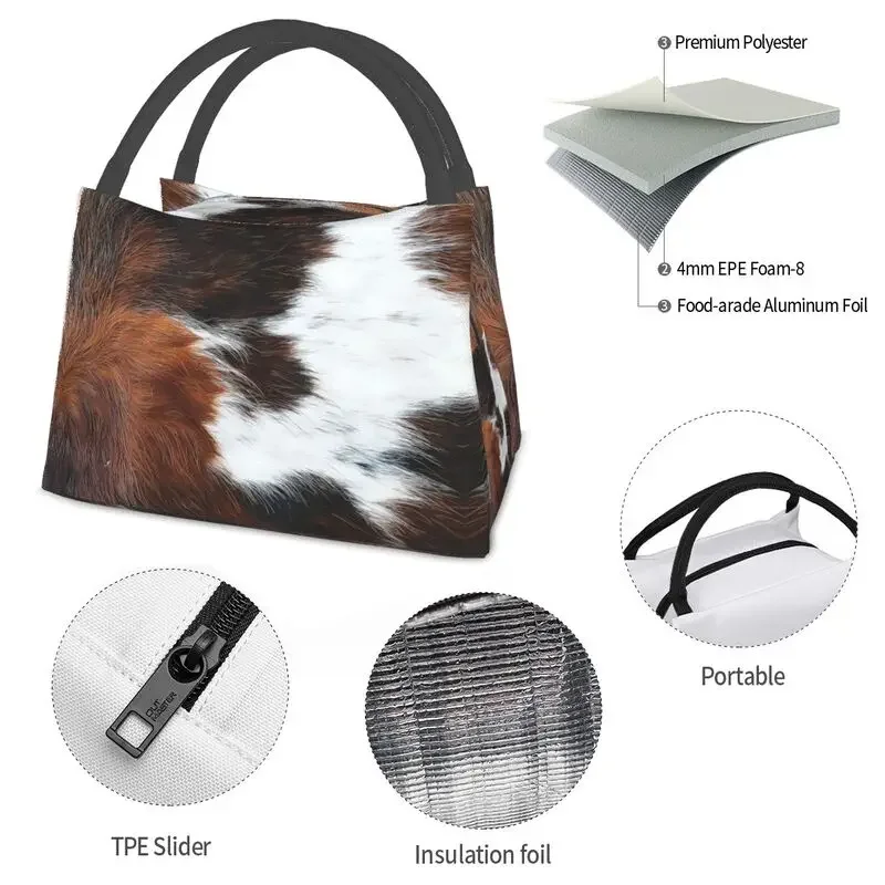 Scottish Highland Cow Cowhide Texture Thermal Insulated Lunch Bag Animal Hide Leather Lunch Container for Picnic Meal Food Box