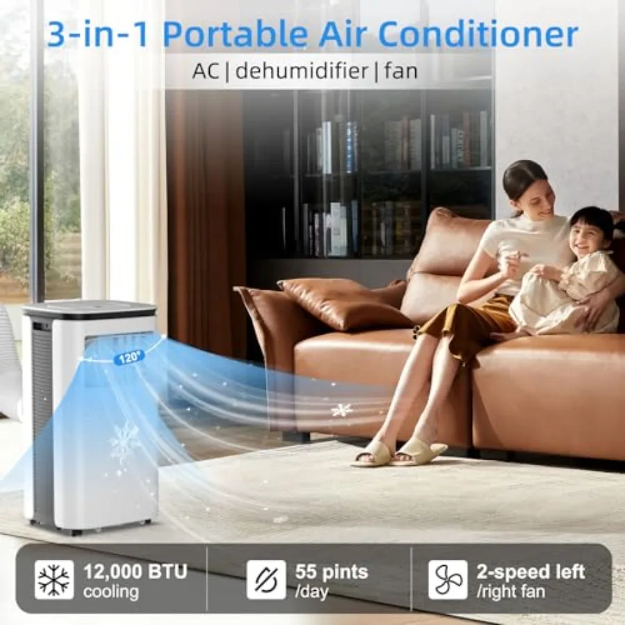 Portable Air Conditioners 12000 BTU for bedroom apartment use, ABS plastic housing, white color, upgraded 3-in-1 cooling dehumi