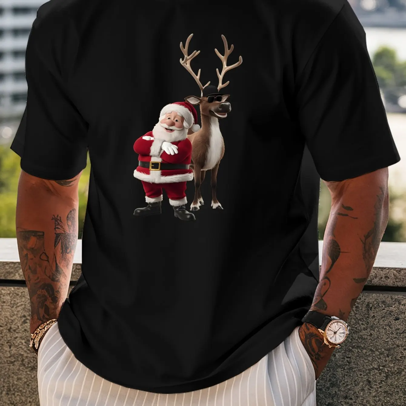 

Christmas Santa Claus Moose Print Men's T-Shirt Casual Fashion O-neck Short Sleeve Tees Street Hip Hop Y2k Harajuku Men Clothing