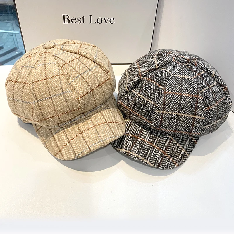 

Ladies Hat Japanese Literature and Art Retro Lattice Octagonal Cap Spring and Autumn All-match British Style Newsboy Hats