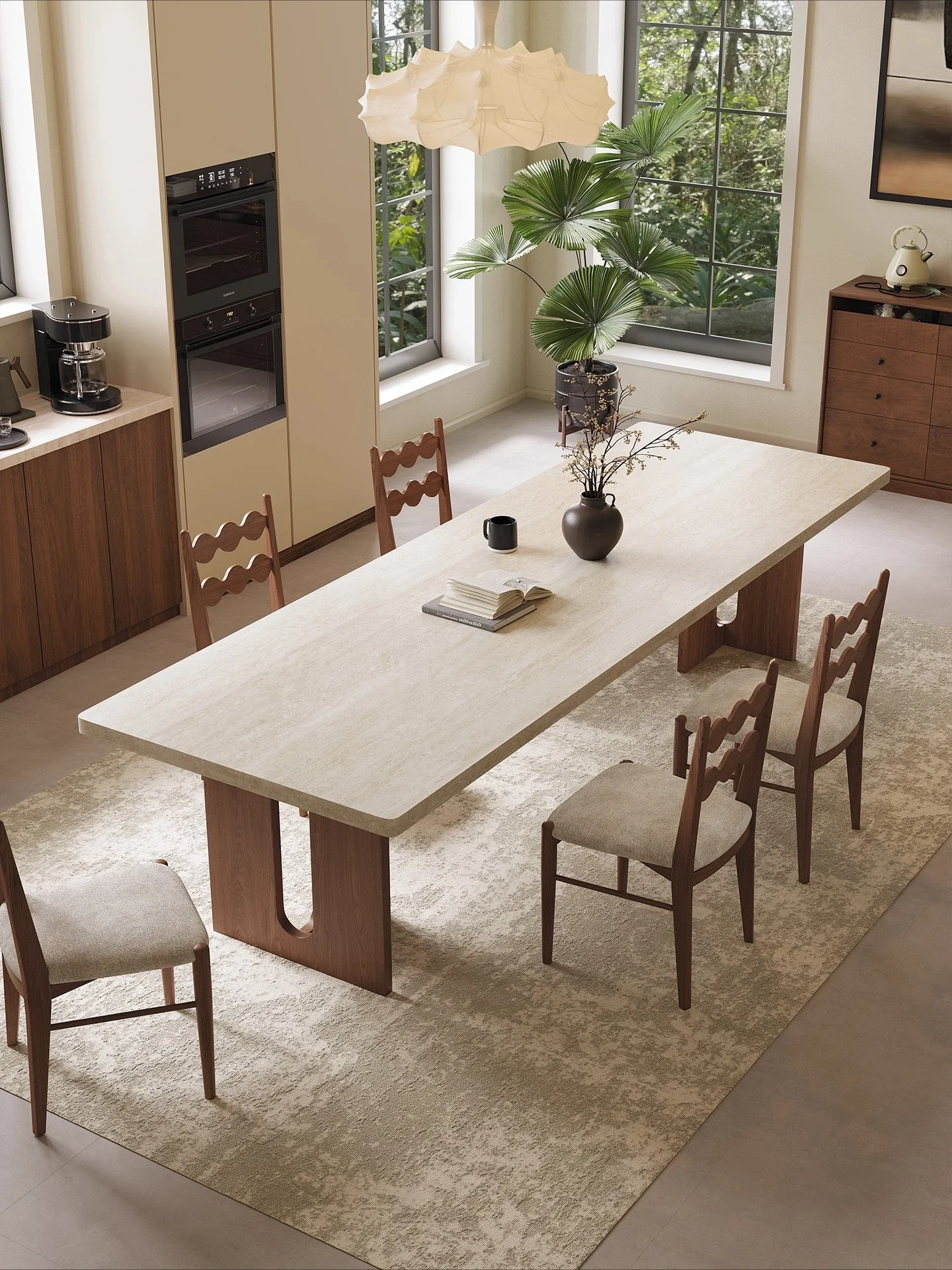 yj57 French retro travertine rock slab dining table with antique rectangular rock slab under solid wood hanging dining table