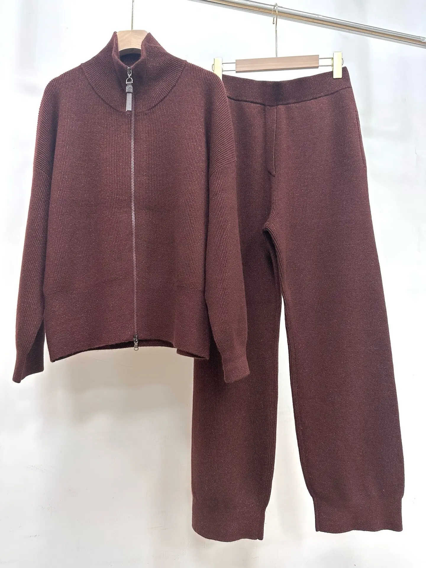 2026 Autumn Winter New Women's Shiny Silk Lapel Double Zipper Cardigan With Straight Leg Pants Knit Sweater Set