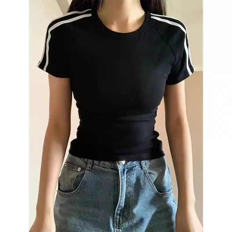 Woherb 2024 Ropa Mujer Fashion T-shirts for Women O Neck Short Sleeve Tunic Tees Korean Summer Crop Tops  Black Y2k Tshirt