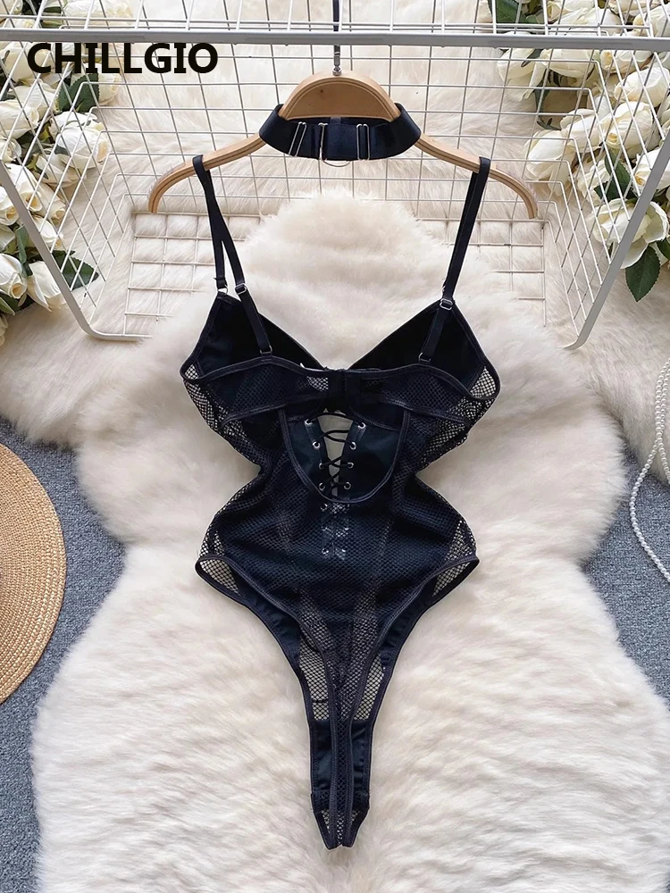 CHILLGIO Women Lace-up PU Bodysuits Fashion Bodycon Onesie Ins Hollow Erotic Catsuits One Piece Combination Faux Leather Rompers