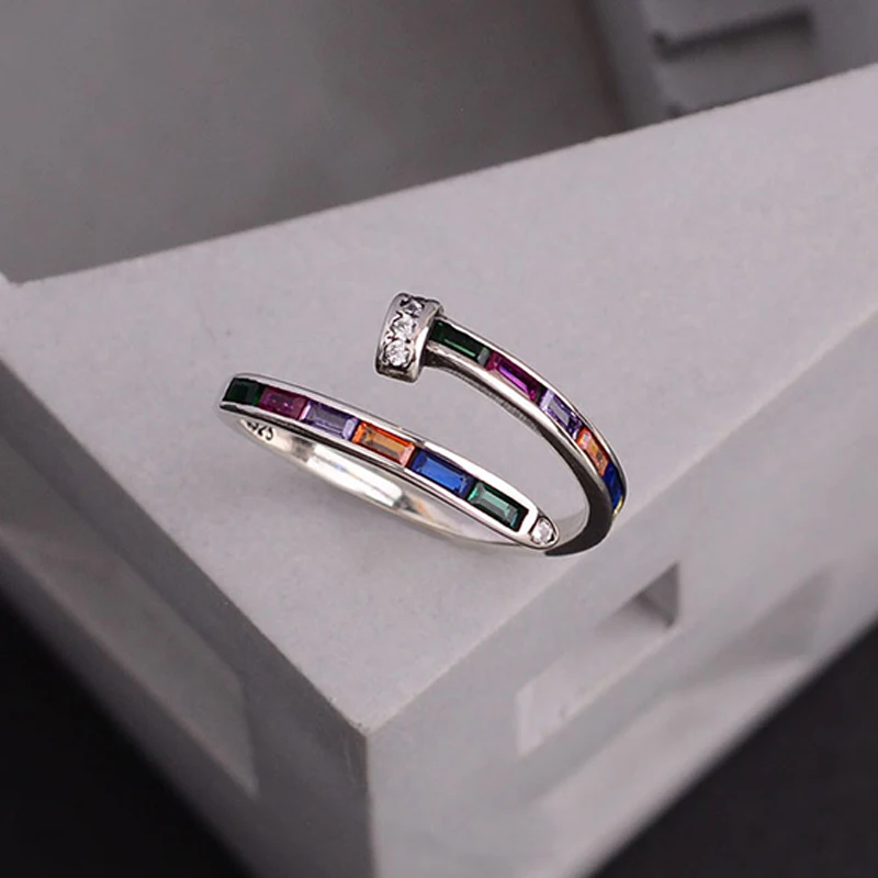 925 Sterling Silver Rainbow Colorful Zircon Nail Shaped Ring for Women Girls Fashion Party Adjustable Fine Jewelry Birthday Gift