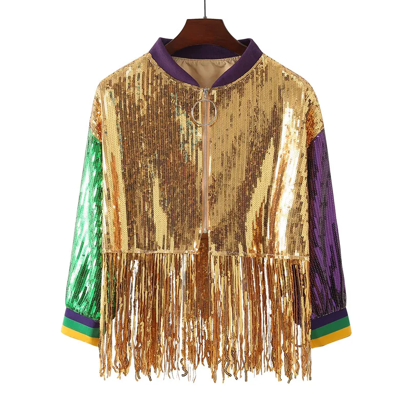 

Spring Autumn New Fashion Tassel Sequin Women Long Sleeved Jacket Casual Loose Female Color Blocked Tops
