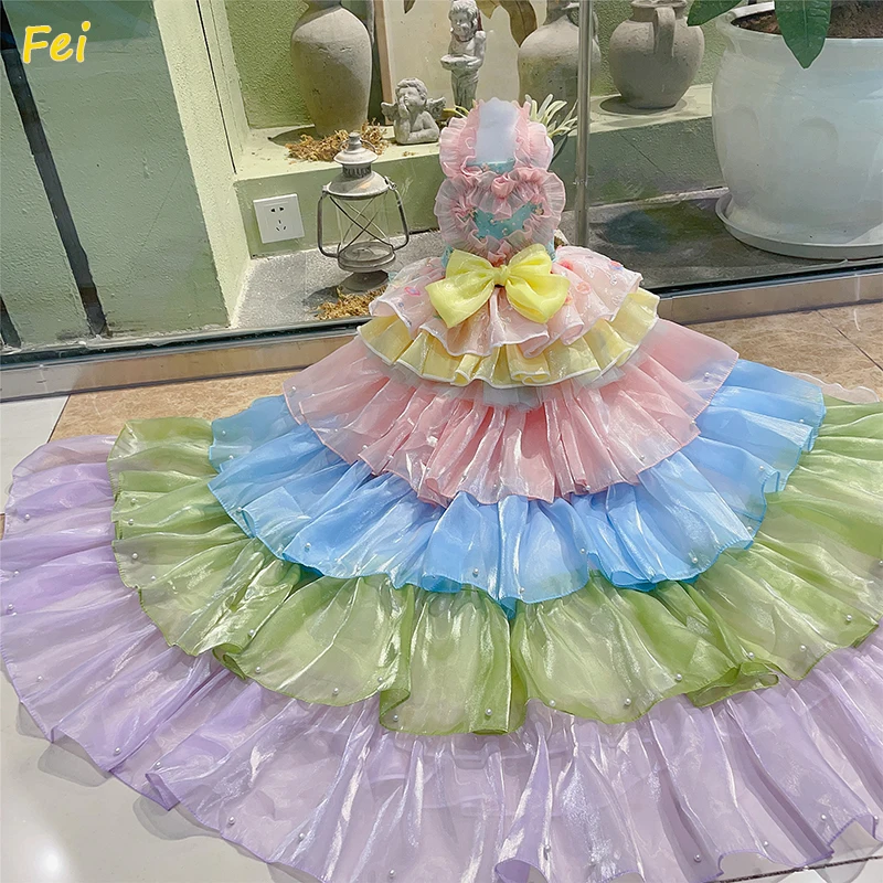 

Candy Ombre Rainbow Tiered Tulle Designer Puppy Dress - Detachable Gown for Wedding Photography, Bichon Poodle Small Pet