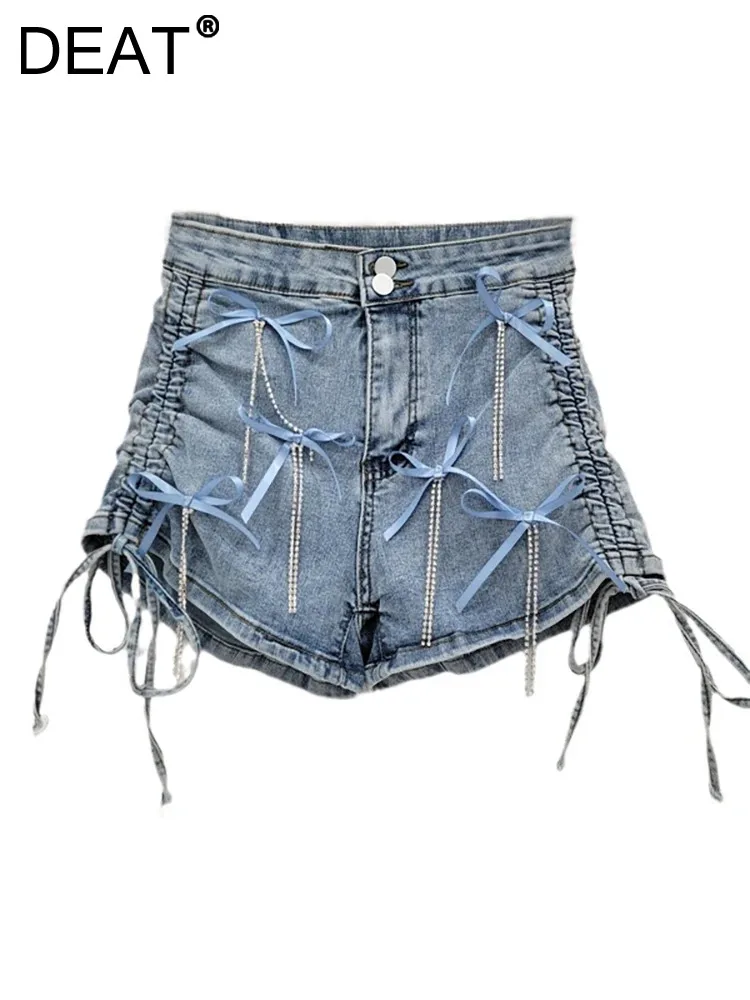 

DEAT Women Denim Shorts High Waist Wide Leg Slim Stretch Spliced Bows Tassel A-line Short Jeans 2024 Autumn New Fashion 33A1605