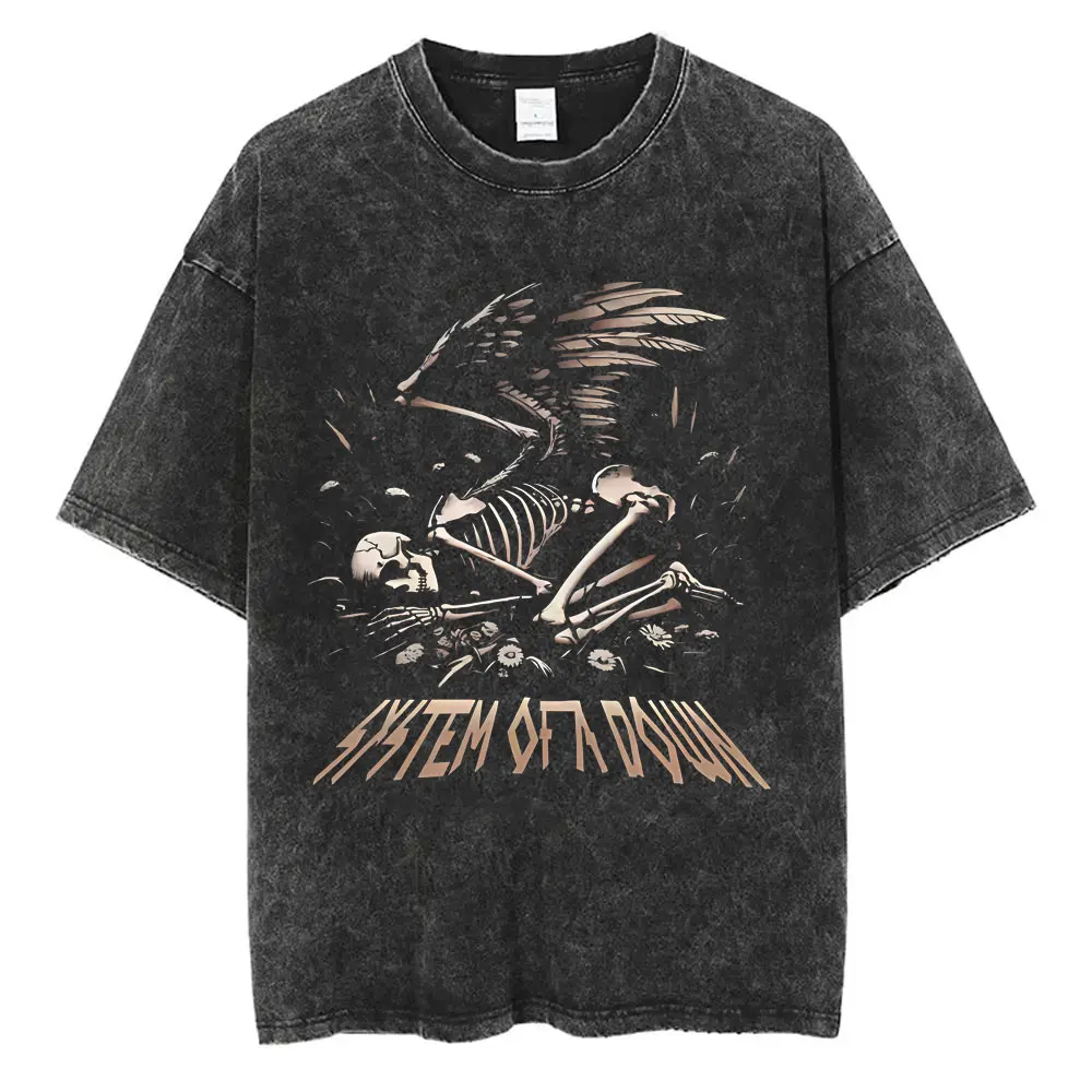 Washed Vintage System of A Down Toxicity T-shirts Skeleton Graphic T-shirt Men Women Rock Oversized Alternative Metal T Shirts