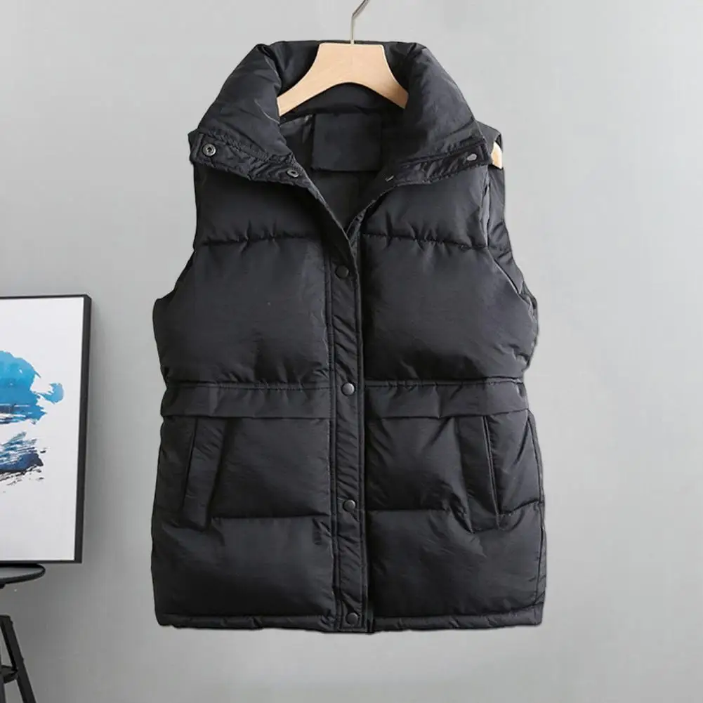 Press Button Closure Coat Stylish Women's Winter Coat with Pockets Stand Collar Sleeveless Outdoor Down Waistcoat for Leisure