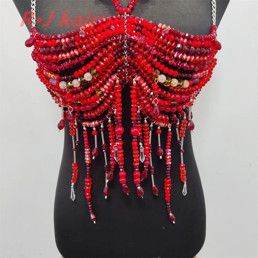 

RJ Fashion Handmade Jewelry Red Neck Bra Colorful Beaded Hollow Acrylic Top Sexy Girl Island Pool Vacation Body Chain