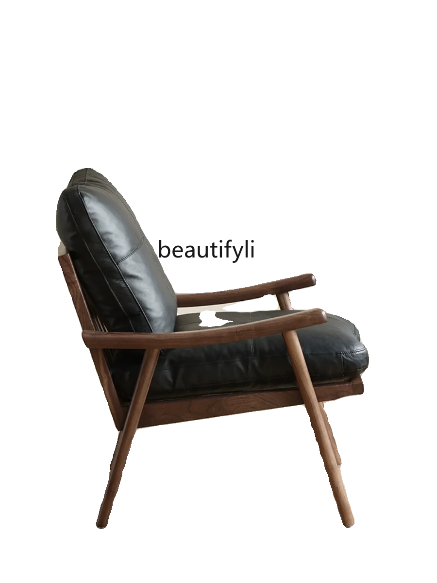 

North America Black Walnut Wood Lounge Chair Nordic Single Sofa Genuine Leather Chair Italian Light Luxury Designer Furniture