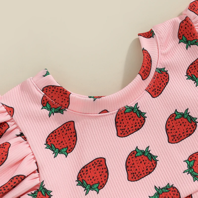 

Honganda Fashion 2Pcs Toddler Baby Girl Strawberry Outfit Set Ruffle Short Sleeve Crop Top Flared Pants Summer Knit Clothes