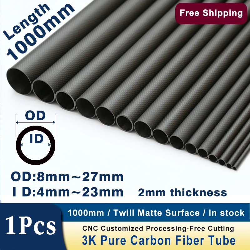 

1 шт., длина 1000 мм, трубка из углеродного волокна, OD8-27 мм, толщина 2 мм, 3K саржа, матовая для самолета полетного/фиксированного крыла/защиты растений