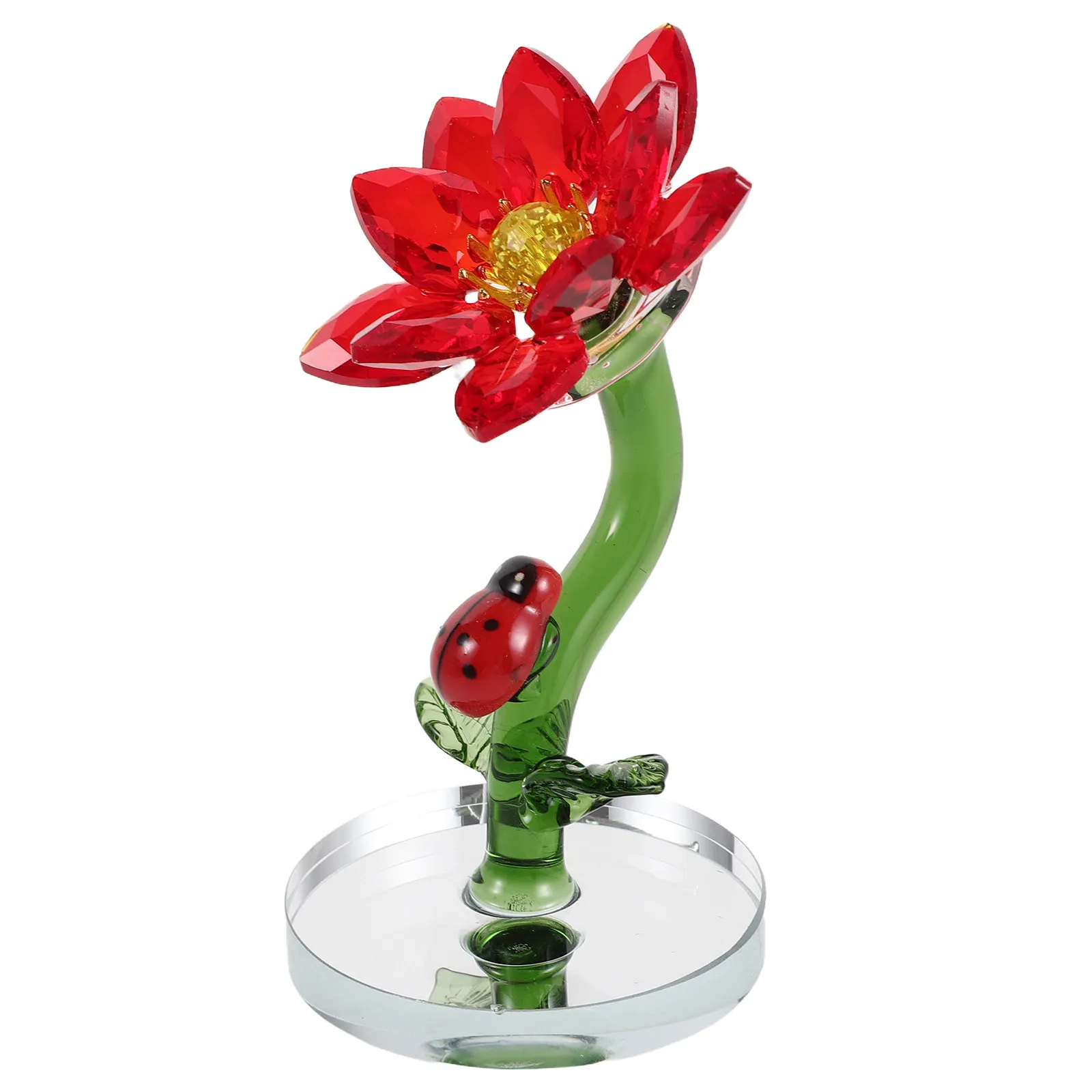 Red Crystal Ladybug Flower Sculpture – Hand-Blown Glass Desktop Ornament Decor