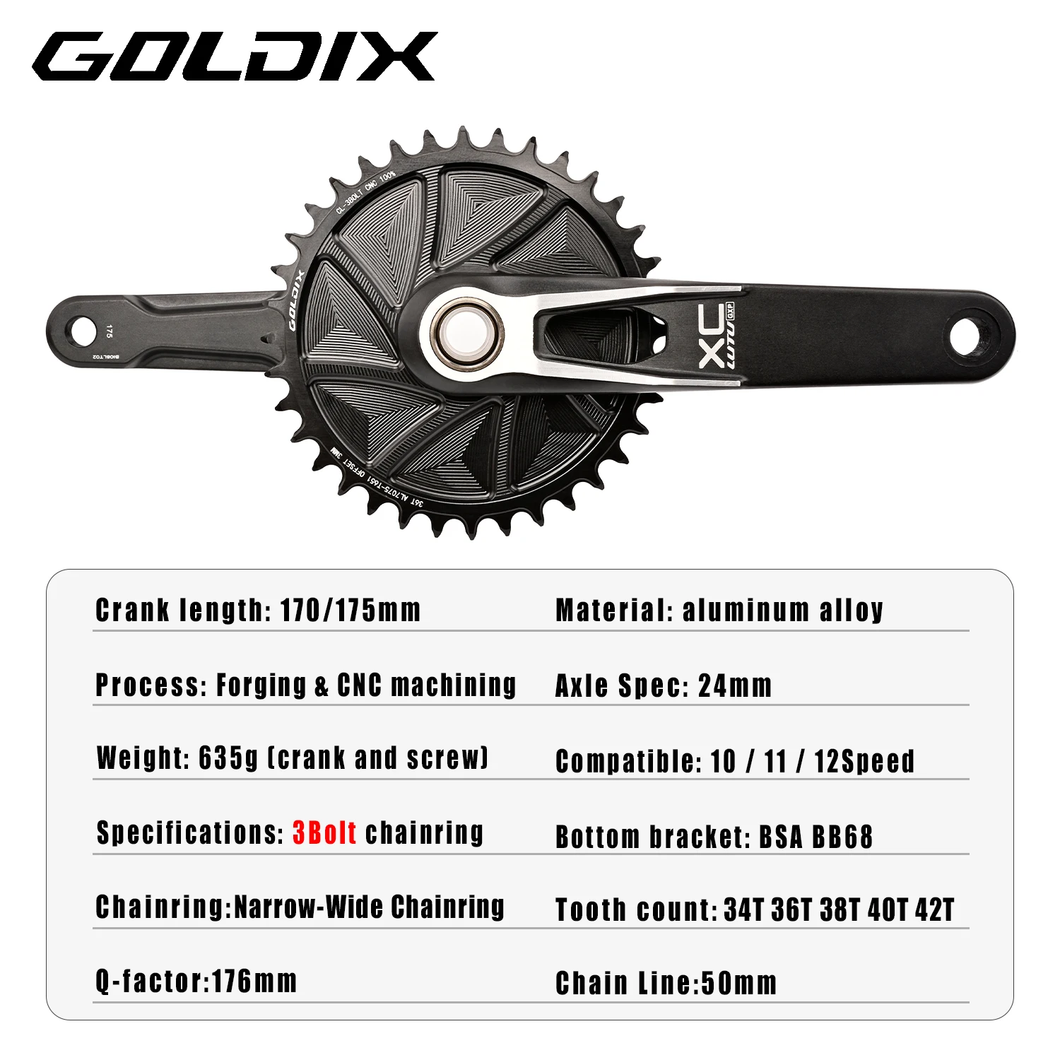 GOLDIX High-strength Bicycle Crankset 170/175mm Forged Alloy Crank Arm 3Bolt Direct Mount Narrow-wide Chainring For MTB Bike