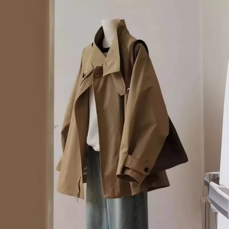 

Women Stand Collar Trench Coats Solid Color Spring Autumn Female Elegant Chic Jackets Fashion Lady Long Sleeve Zipper Outerwear