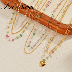Freeteeme Vintage 2-3 Layers Stacking Bead Necklaces for Women Stainless Steel Heart Pendant Natural Stone Necklace Jewelry Gift