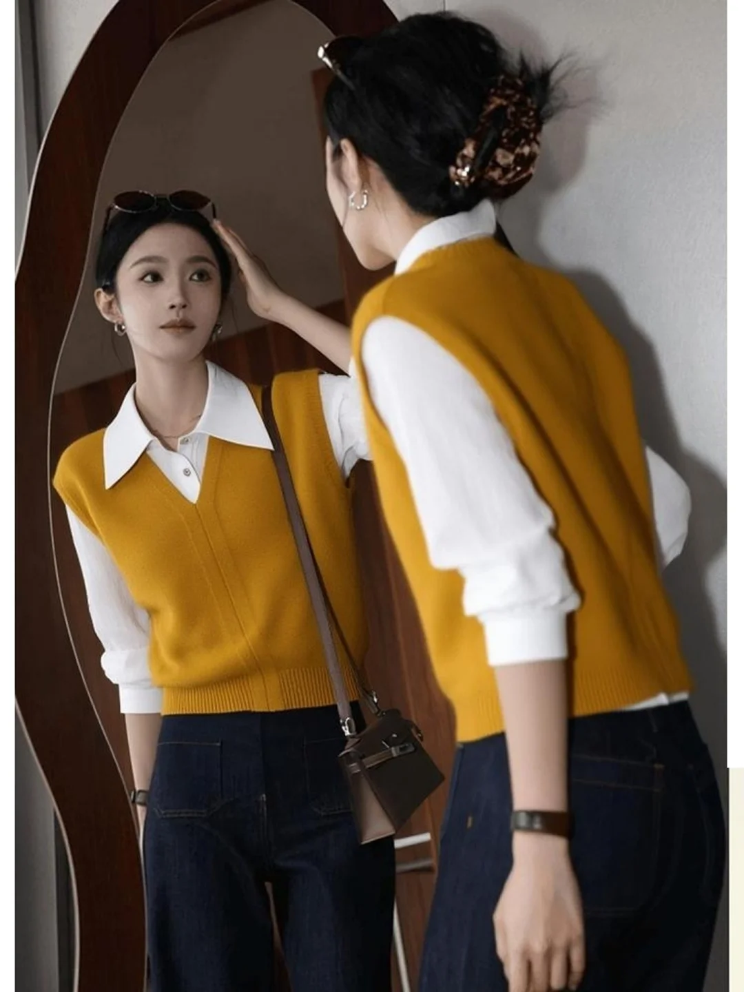 

Yellow Splice Fake Two-Piece Knitted irt Women's Sle Winter Inner Wear Top Casual Faion Long Sve Collar Design
