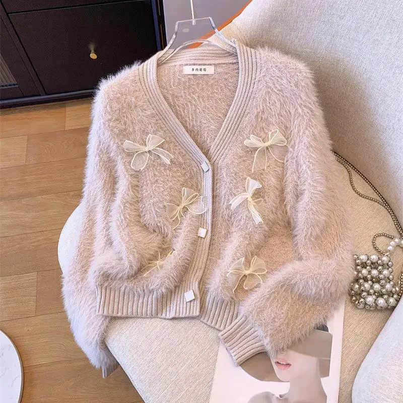 Gagaok Gentle Sweater Coat Knitted Cardigan 2024 Autumn Korean Fashion V Neck Bow Cardigans Knitwear Fur Warm Long Sleeve Top