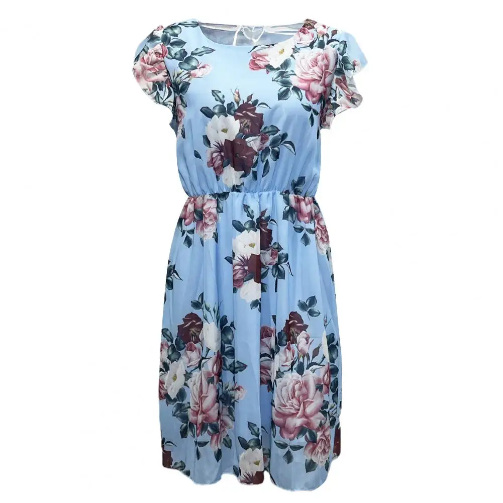 Elegant Floral Print Ruffle Beach Dress Summer Casual O Neck Pleated Party Dress Women Fashion Office A-Line Midi Dress Vestido