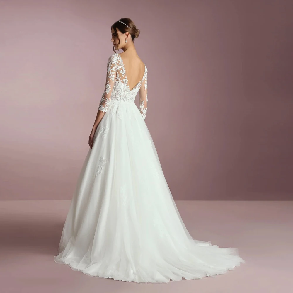 Элегантные свадебные платья с вырезом лодочкой и рукавами 3/4, трапециевидной формы, свадебные платья, индивидуальная аппликация, кружево с V-образным вырезом на спине, со шлейфом, Vestidos De Novia