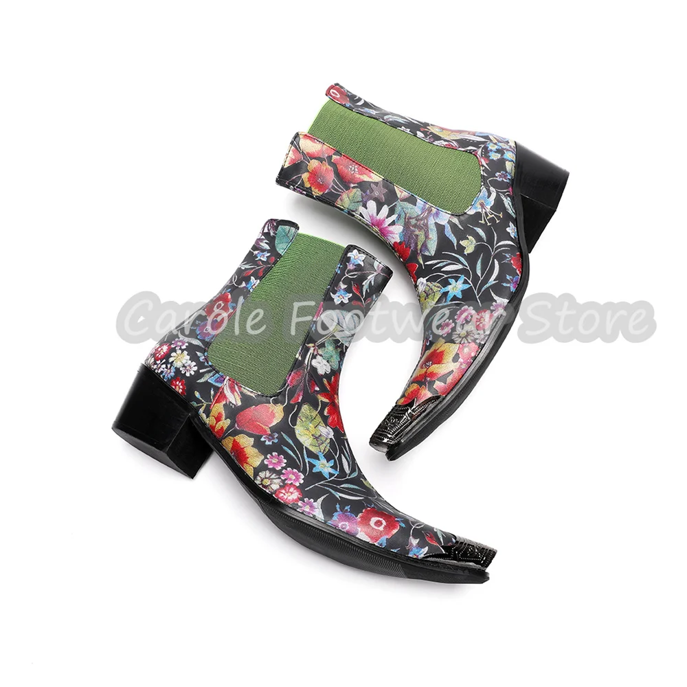 Vintage Floral Print Chelsea Ankle Boots for Men Metal Pointed Toe Slip On Block Heel Western Booties Male Party Dress Footwear