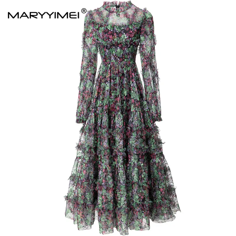 

MARYYIMEI Fashion Runway Designer Dress Women's Ruffled Round Collar Lantern Sleeve Green Flower Print Fungus edge Mesh Dress