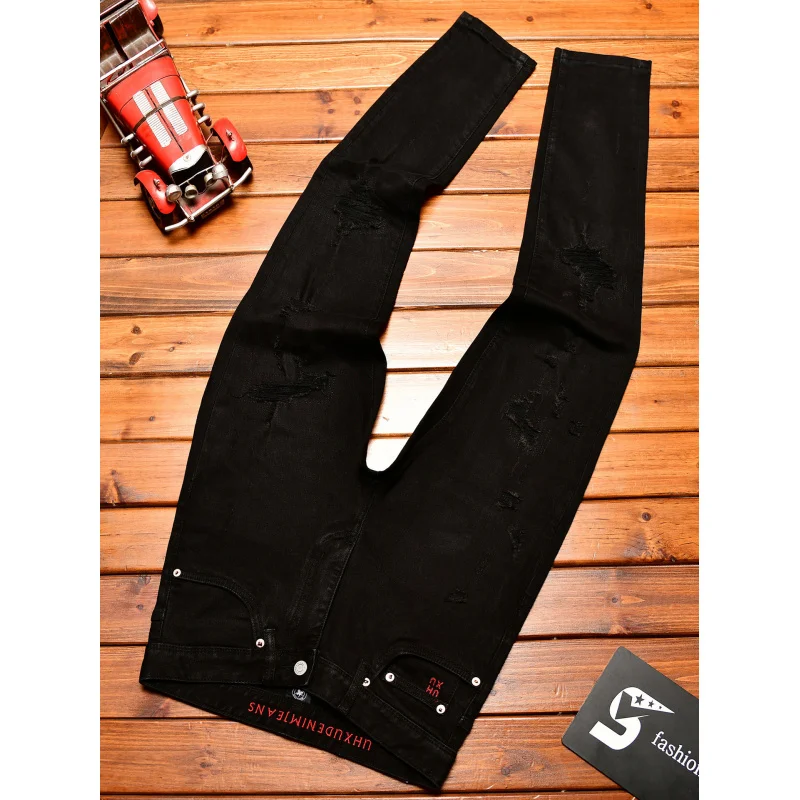 

Black ripped jeans men's fashionable street trend American handsome retro nostalgic slim fit small leg denim pants