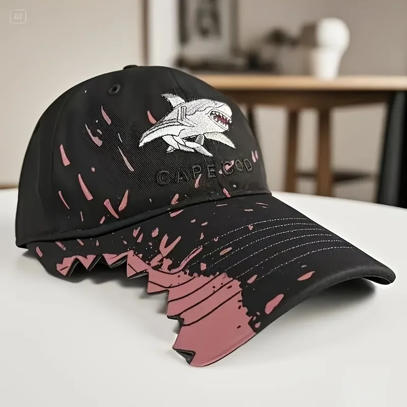 

1pc Unisex Shark Embroidered Baseball Cap - Funky Style Black with Pink Accents, All-Season Comfort, Durable 야구 모자